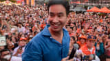 Move Forward Party leader and prime ministerial candidate Pita Limjaroenrat addresses supporters ahead of the July 13 parliamentary vote to elect Thailand's next prime minister, in front of Central World in Bangkok on July 9, 2023.