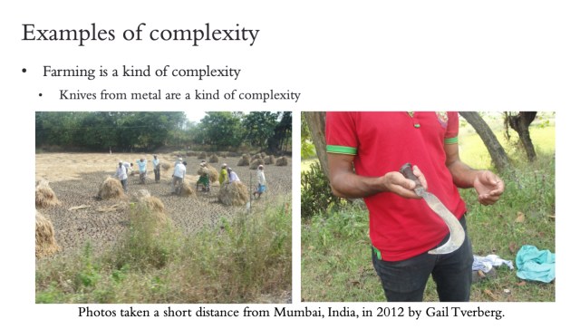 Examples of complexity. Farming is a kind of complexity. A photo is shown of workers in India harvesting rice with a metal hand tool. Knives from metal are a kind of complexity. 