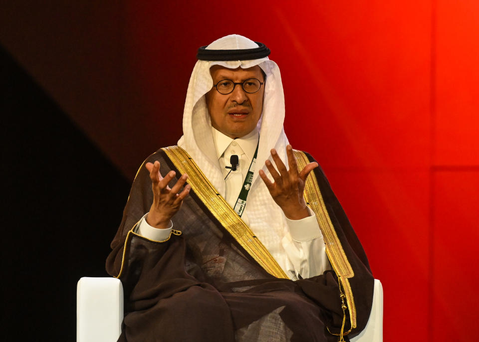 CALGARY, CANADA - SEPTEMBER 18: Saudi Energy Minister Prince Abdulaziz bin Salman speaks on the second day of the 24th World Petroleum Congress, at the Big 4 Building at Stampede Park, on September 18, 2023, in Calgary, Canada. The Congress, organized by the UK-based charity WPC with UN NGO accreditation, focuses on oil, gas, and energy sustainability and is renowned as the world's premier forum in this field. (Photo by Artur Widak/Anadolu Agency via Getty Images)