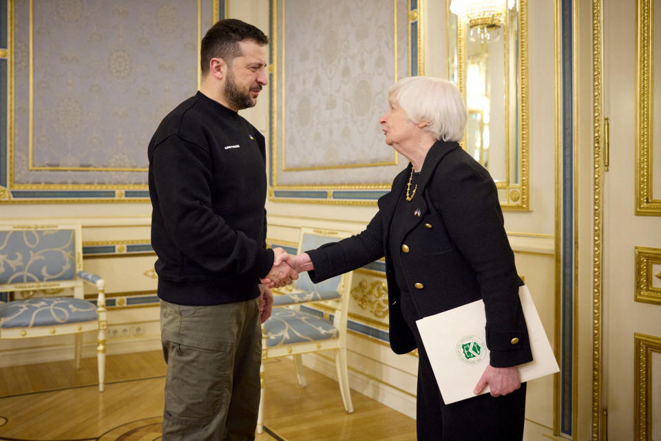 Ukraine's President Volodymyr Zelenskiy welcomes U.S. Treasury Secretary Janet Yellen, amid Russia's attack on Ukraine, in Kyiv, Ukraine February 27, 2023. Ukrainian Presidential Press Service/Handout via REUTERS ATTENTION EDITORS - THIS IMAGE HAS BEEN SUPPLIED BY A THIRD PARTY.