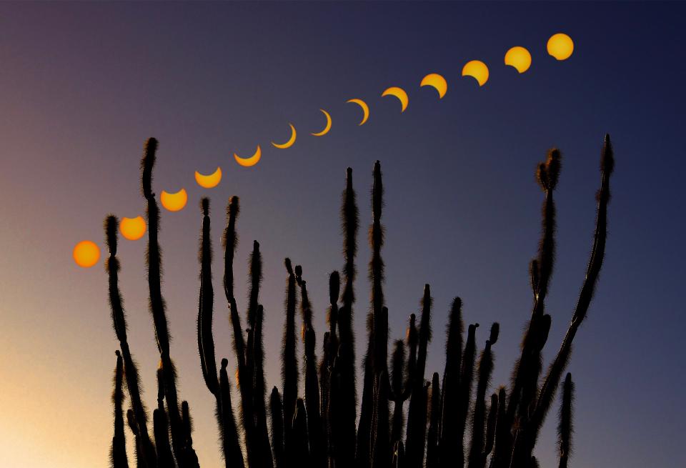 Photographs taken every 15 minutes during the solar eclipse viewed from Phoenix on Oct. 14, 2023.