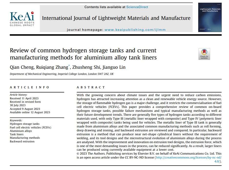 Review of common hydrogen storage tanks and current manufacturing methods for aluminium alloy tank liners