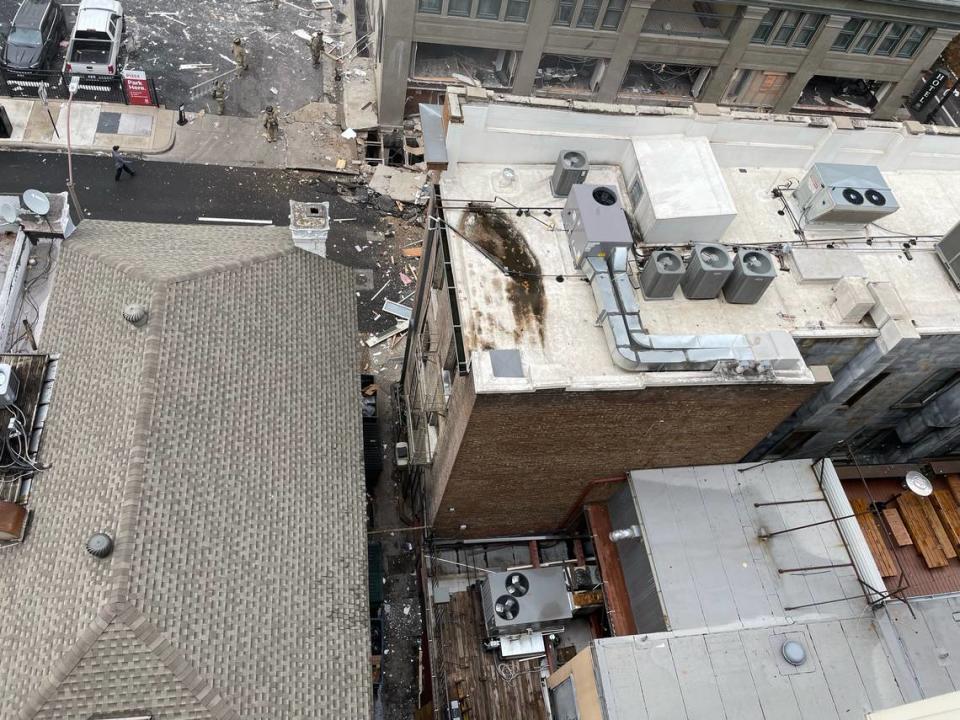 An explosion rocked the Sandman Hotel at 810 Houston St. in downtown Fort Worth on Monday. This view is from the Houston Place Lofts.