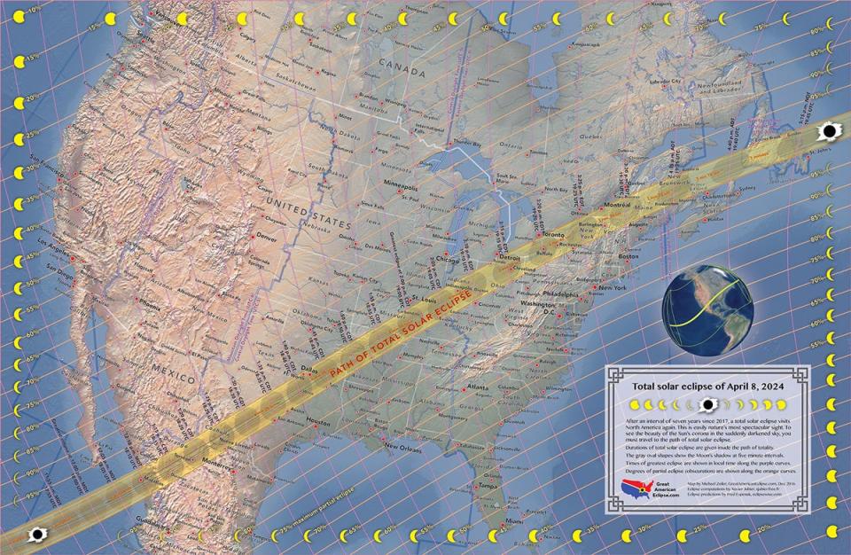 A map of North America shows the path of the total solar eclipse of April 8, 2024.