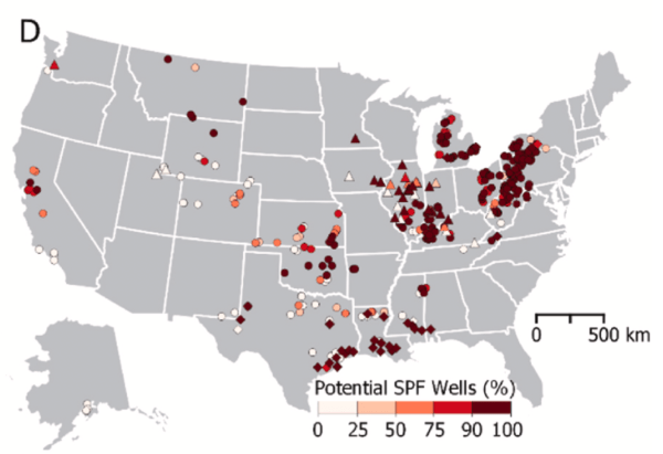 A map shows hundreds of natural gas storage wells across the U.S.