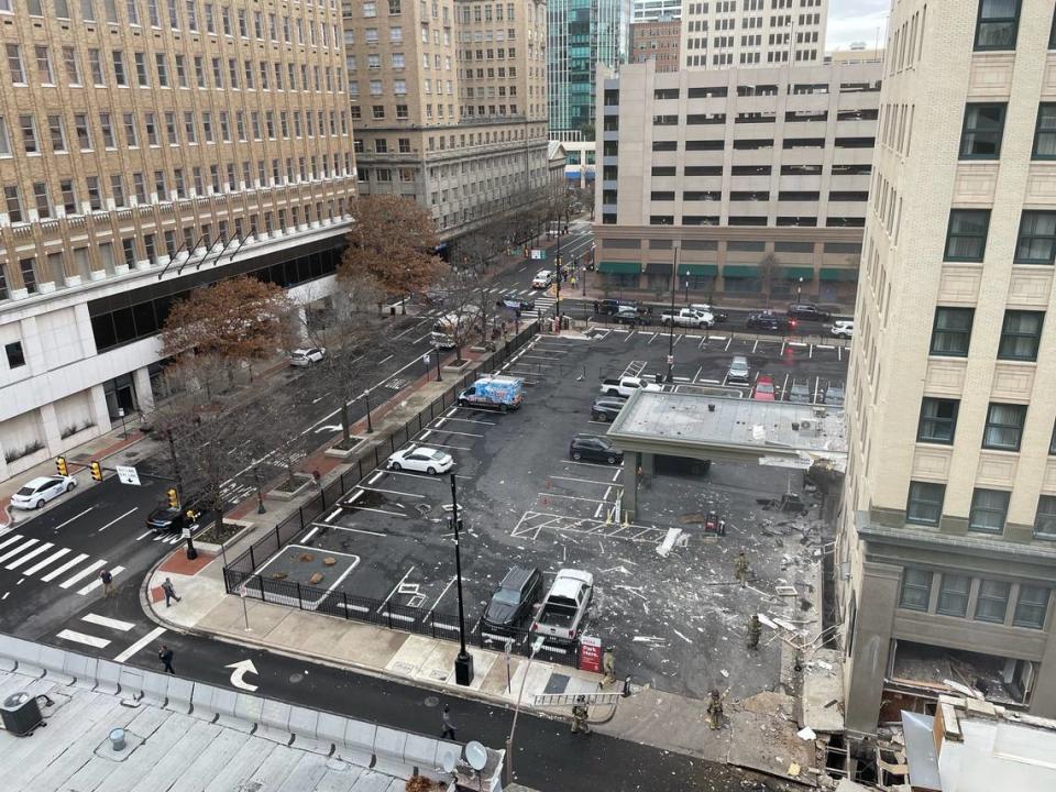 An explosion rocked the Sandman Hotel at 810 Houston St. in downtown Fort Worth on Monday. This view is from the Houston Place Lofts.