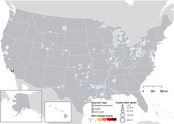 A map shows where methane leakage events happened across the U.S. at underground gas storage facilities.