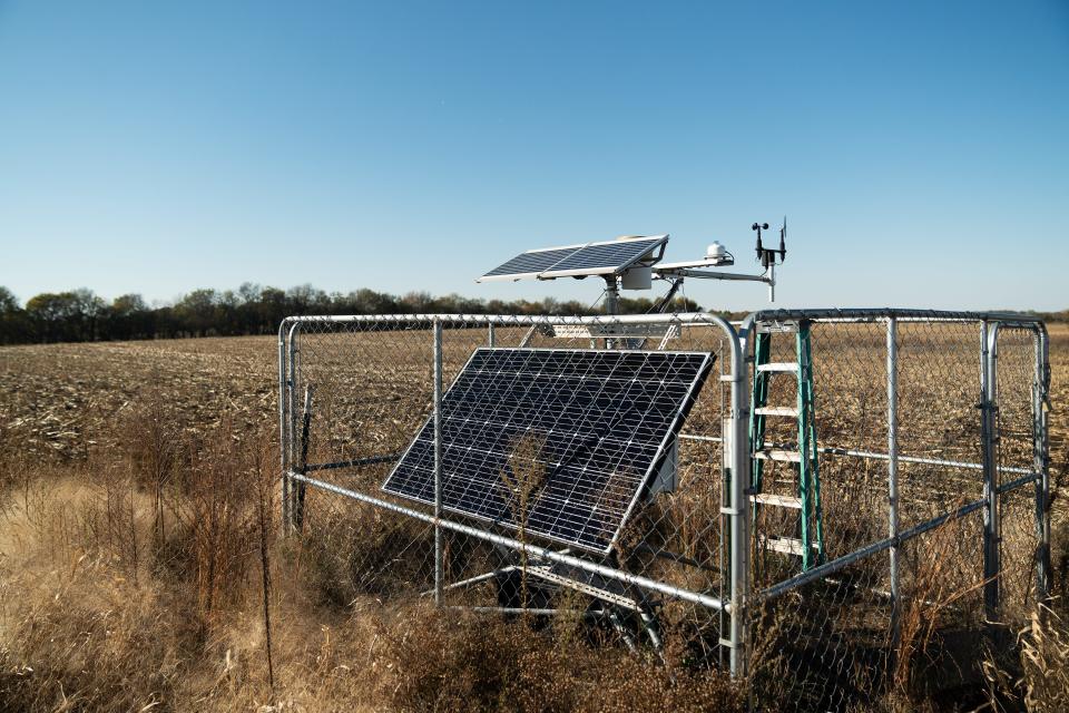 A small solar panel collecting potential solar energy generation data is visible on Bob and Donna Knoche’s farmland in Gardner, Kansas, on Monday, Oct. 30, 2023. The two hope to lease their farmland to a proposed utility-scale solar project, which has been facing growing resistance from county residents.