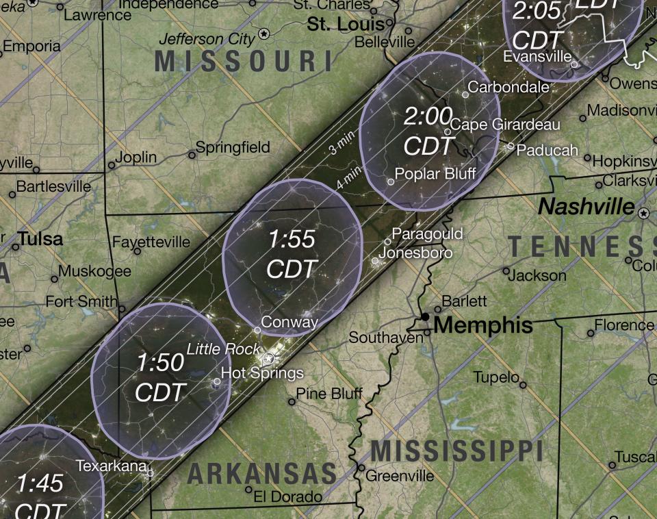 zoomed shot of nasa map showing eclipse path over arkansas missouri