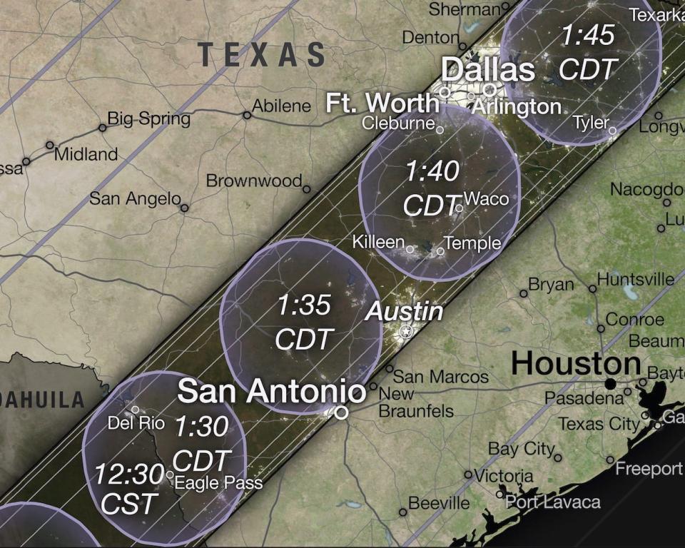 zoomed shot of nasa map shows eclipse shadow running through Austin, Fort Worth, and Dallas, Texas, in April 2024