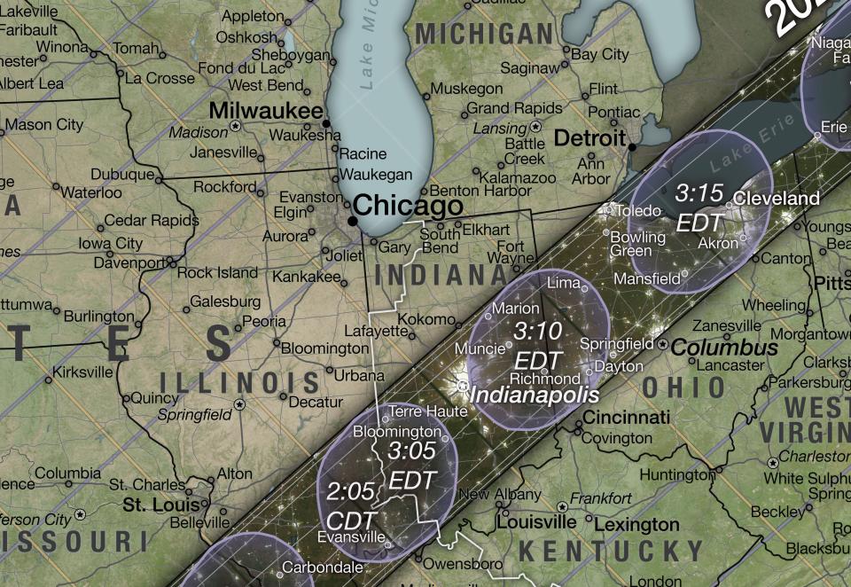 zoomed shot of nasa map showing eclipse path over illinois indiana ohio