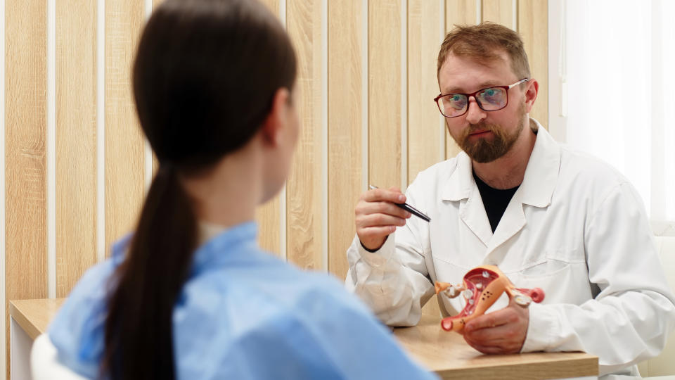 A doctor discussing with a patient, holding a model of the female reproductive system