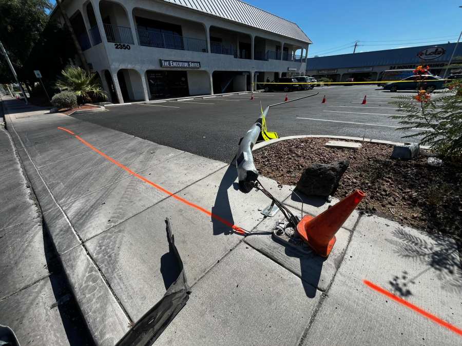 A light pole cut down by a car that crashed during a street race on Jones Boulevard north of Sahara Avenue. (Las Vegas Metropolitan Police Department)