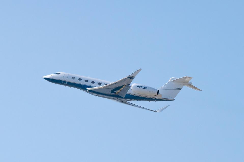 A Gulfstream GVI G650ER takes off at Los Angeles international Airport on July 30, 2022 in Los Angeles, California.