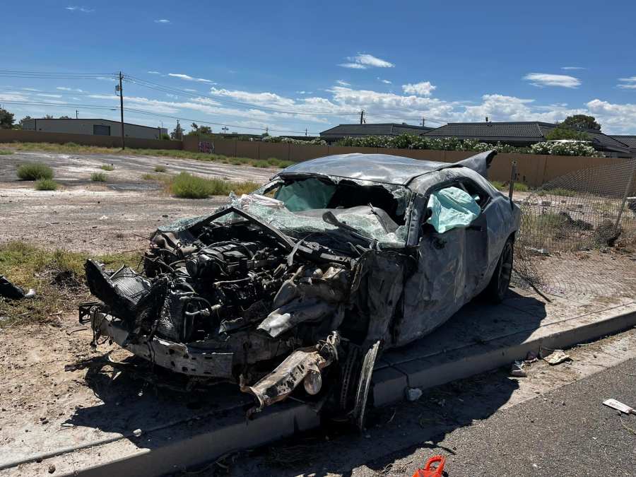 The wreckage of a Dodge Challenger that crashed during a street race on Jones Boulevard just north of Sahara Avenue. (Las Vegas Metropolitan Police Department)