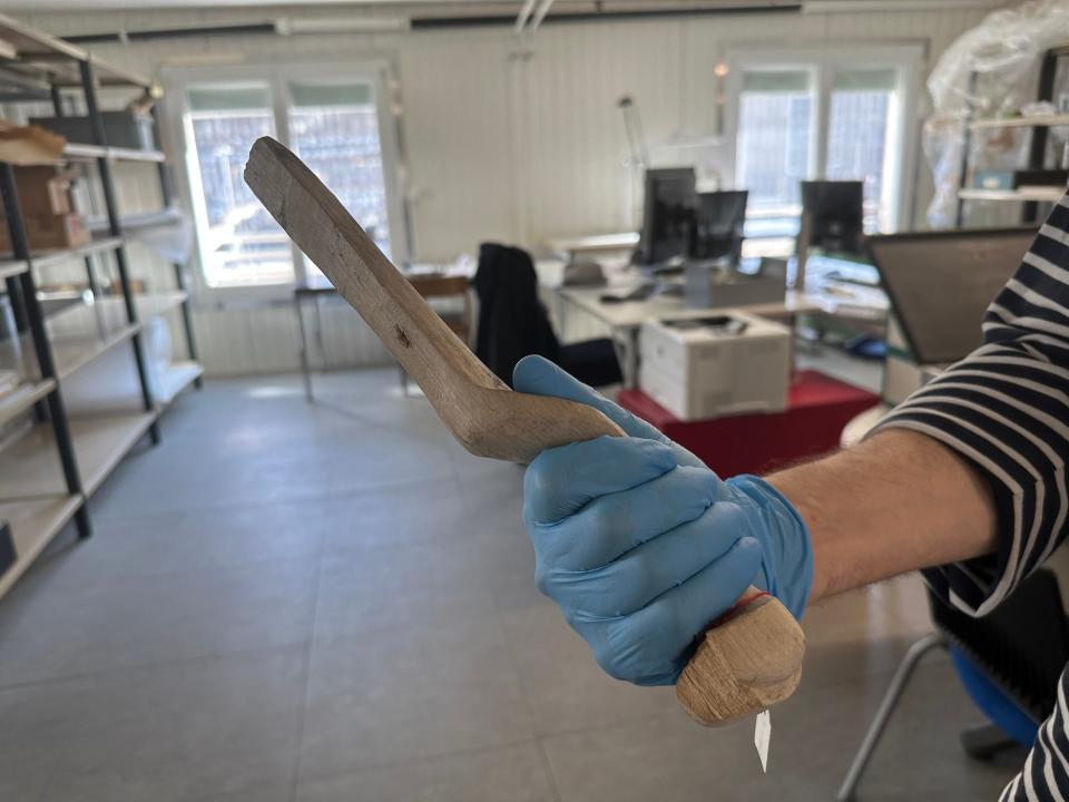 A gloved hand holding a twisted wooden stick.