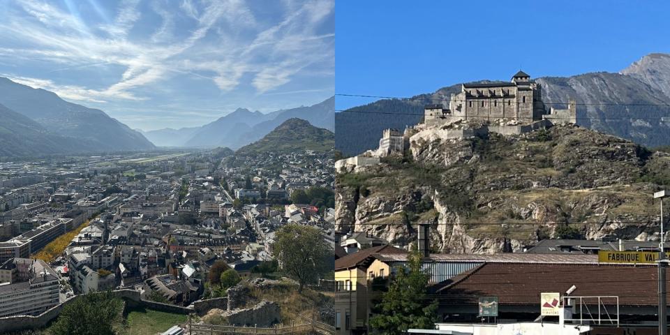 A composite image of a Swiss town surrounded by mountains and of a castle on a rocky hill.