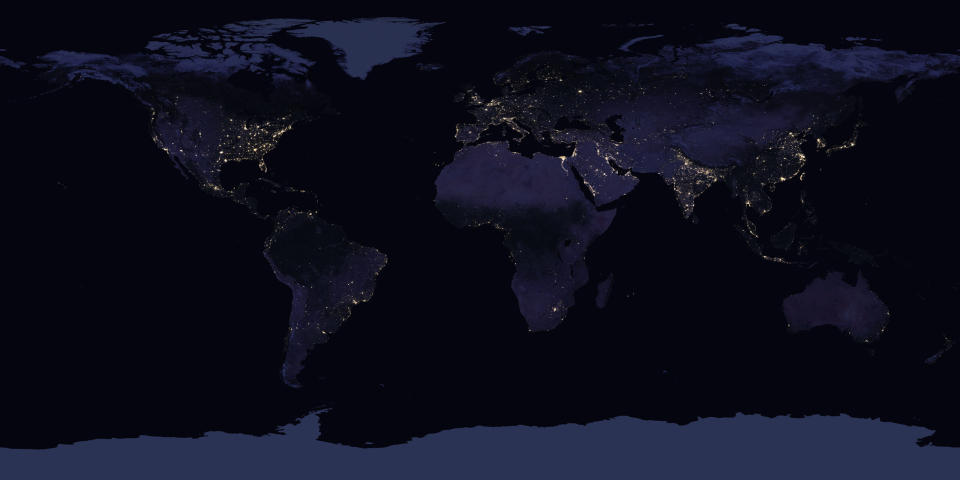 A map showing the regions of the world with light signals viewable from space. Most of the world is lit up, with major exceptions being most of South America, Africa, and Siberia.