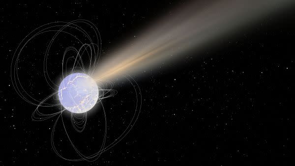 A light purple sphere surrounded by white loops terminating at its poles. A yellow beam of light is extending from its tilted north pole