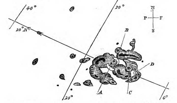 Carrington’s drawing of the solar flare of Sept. 1, 1859. The dots labeled A and B represent the starting positions of the white spots he observed, and the dots labeled C and D represent the ending positions. Dark patches represent sun spots. Photo: Monthly Notices of the Royal Astronomical Society