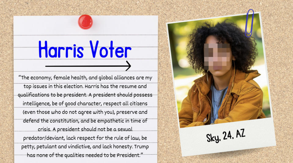 Summary of text: A voter named Sky, 24, from Arizona, prioritizes female health and global alliances. Sky criticizes Trump and supports Harris for her leadership qualities