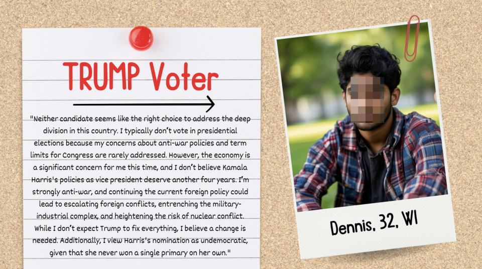 Summary of a testimonial from Dennis, 32, WI, expressing his views on voting, addressing division, concerns about policies, and military influences