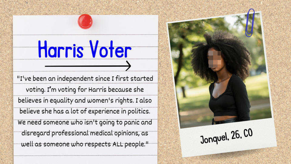 Note pinned with quote about voting for Harris due to experience and focus on equality. Image of Jonquel, 26, CO, outdoors