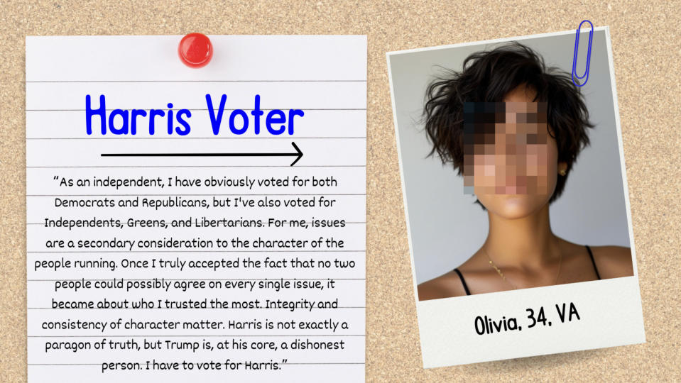 A notecard features a quote from Olivia, 34, VA, about voting based on character, with a pinned photo of her attached