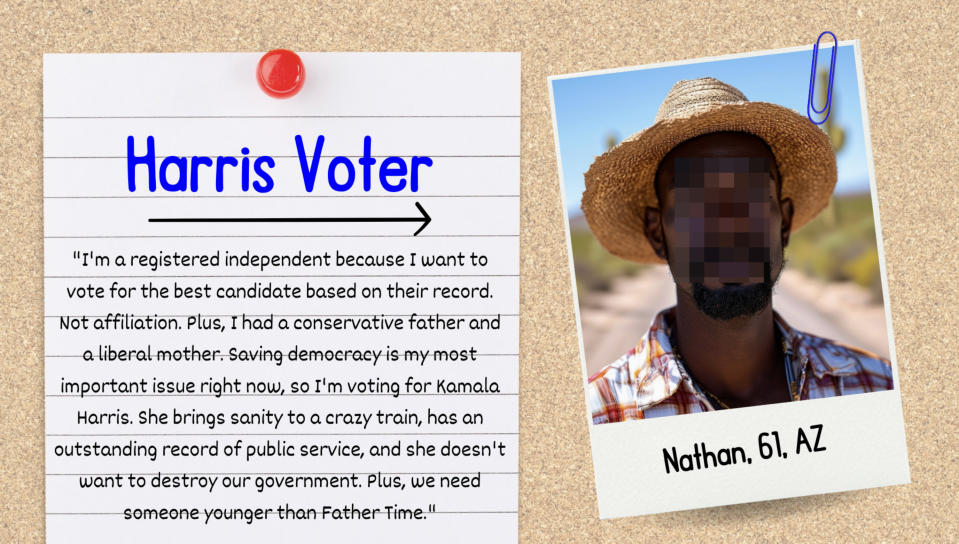 Text summarization: Nathan, 61, AZ, is an independent voter choosing based on record, not affiliation. Supports Kamala Harris for her stance on democracy and public service