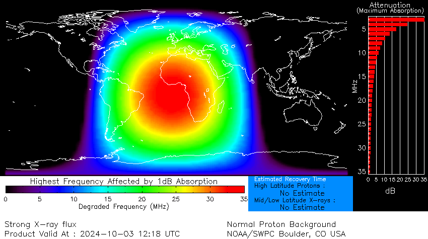 shortwave radio blackout map showing the areas most affected by the radio blackouts, mainly Europe and Africa.