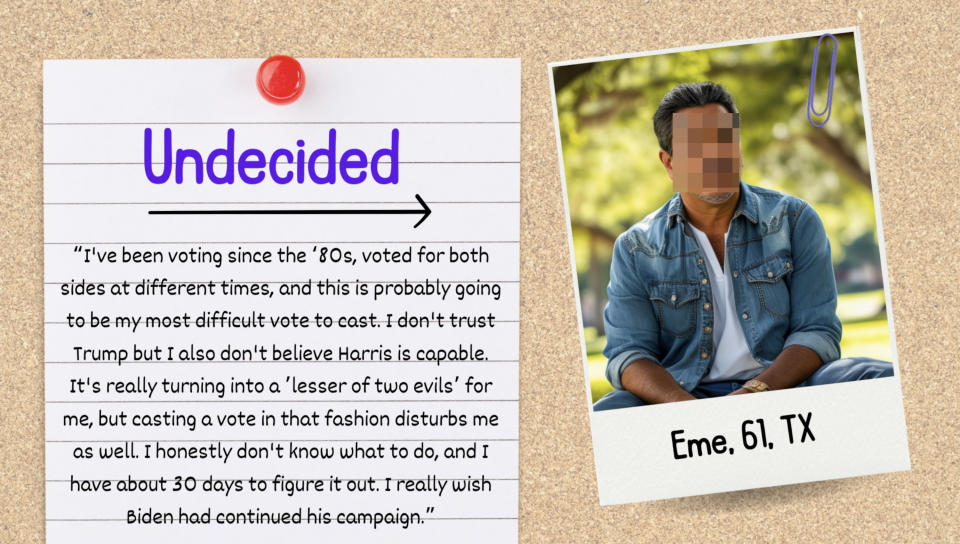 Alt-text: Person named Eme, 61 from TX, in casual clothing on a card, with text expressing indecision in U.S. political voting