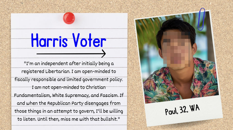 A note with a quote from voter Paul, 32, WA about political views. A photo of Paul with a thoughtful expression is pinned next to it