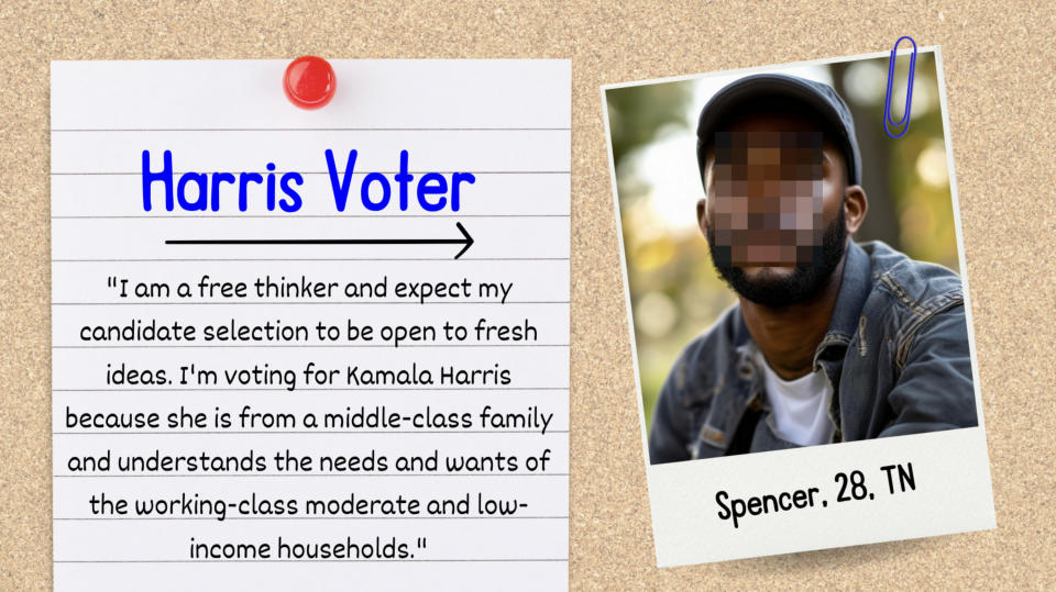 Harris voter testimonial from Spencer, 28, TN: Prefers Kamala Harris for her understanding of working-class needs and innovation in candidate selection