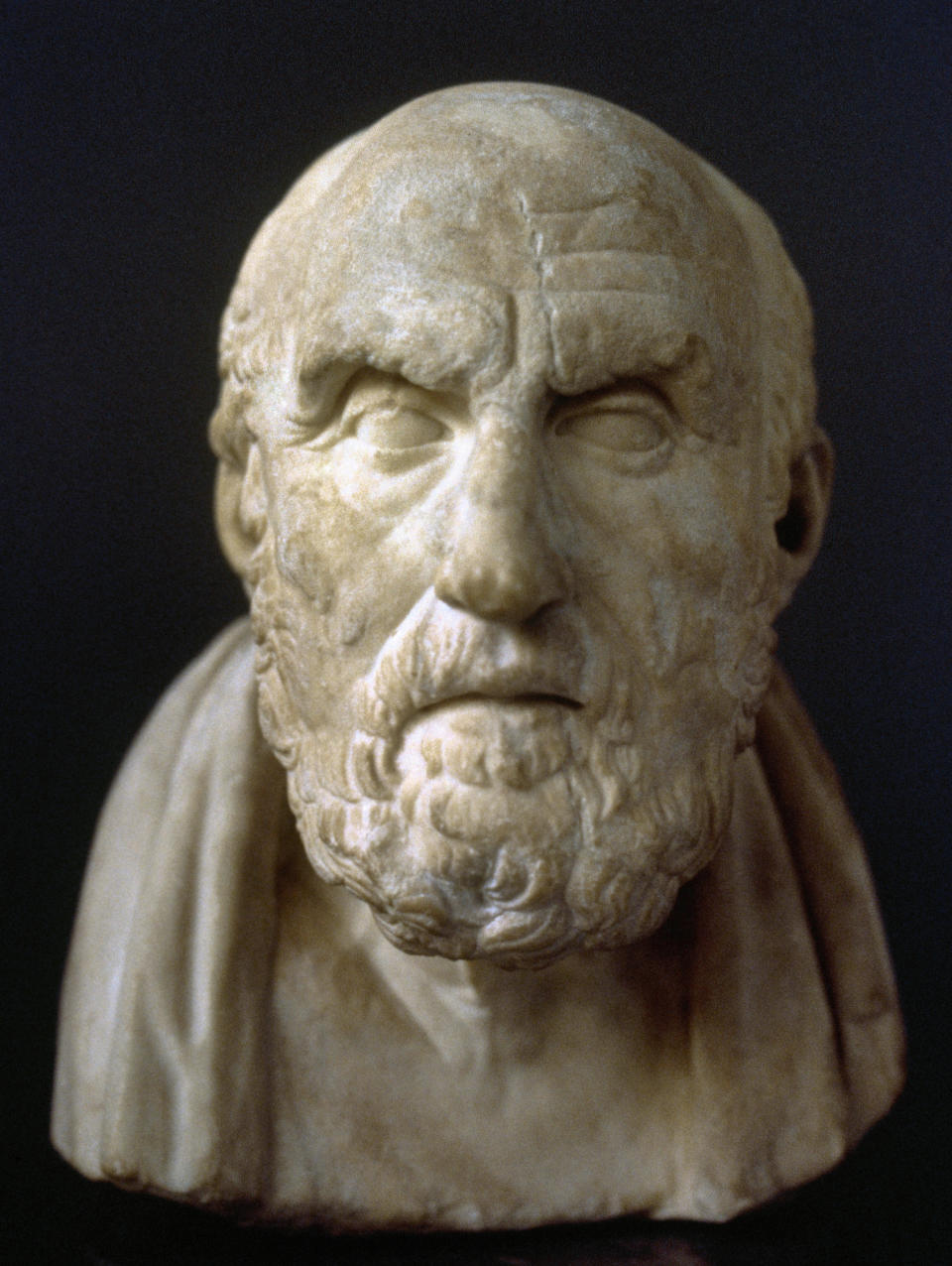 A marble bust of an ancient bearded philosopher with a serious expression