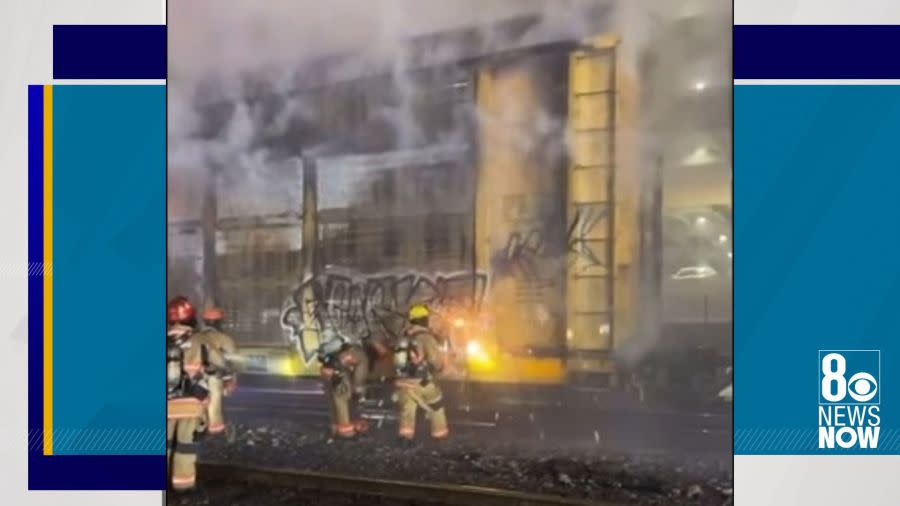 Train car fire shuts down nearby roads in downtown Las Vegas