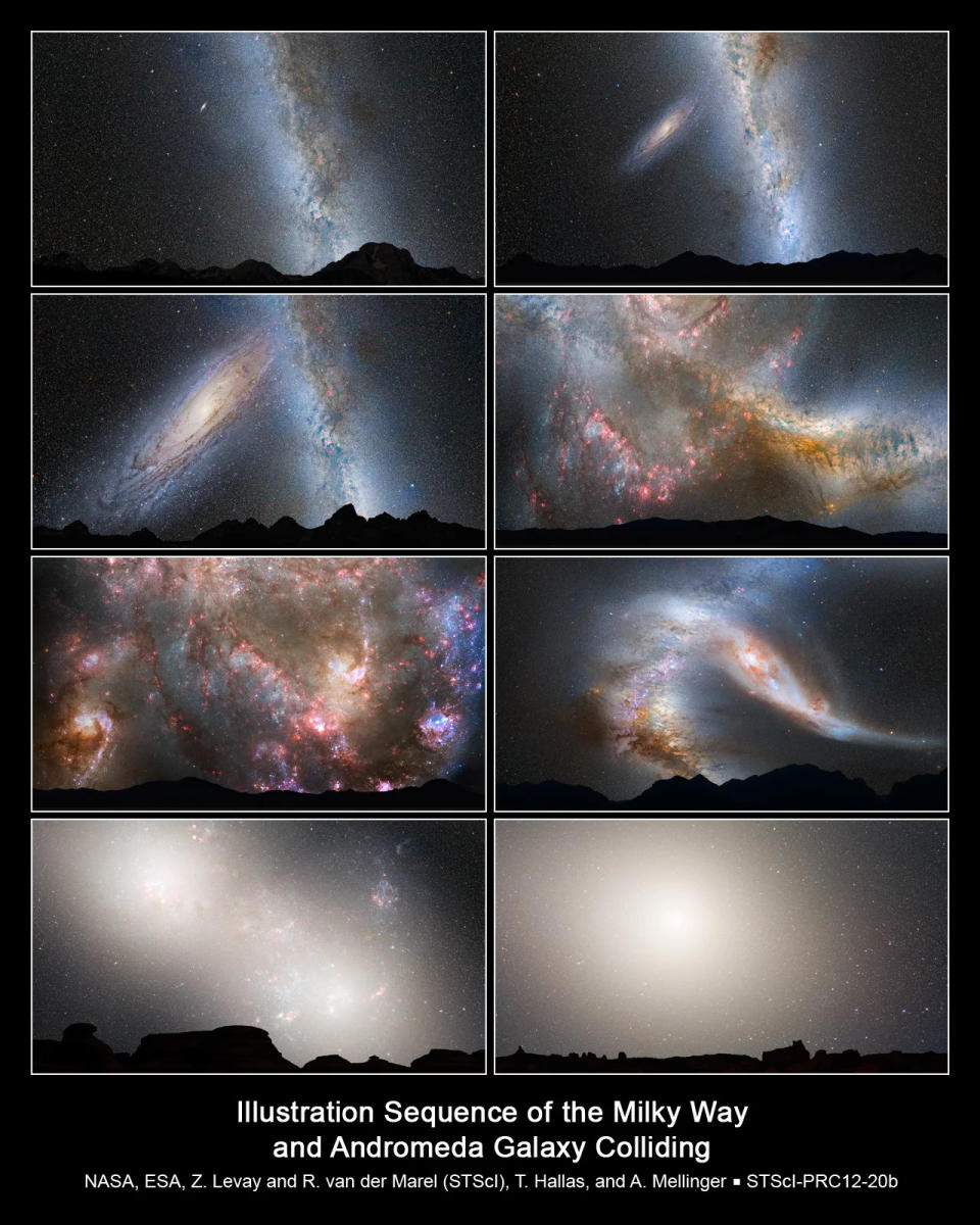 A series of images showing the collision of the Milky Way with Andromeda.