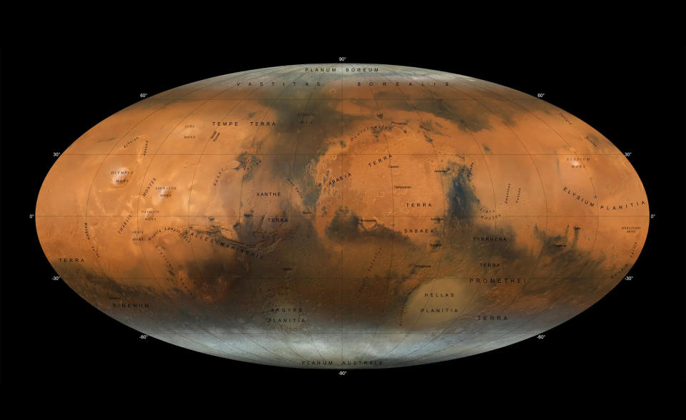 A Mollweide projection map of Mars, with ice visible at the poles.