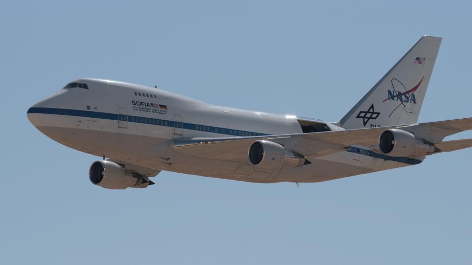 NASA's Stratospheric Observatory for Infrared Astronomy aircraft flying in the sky.