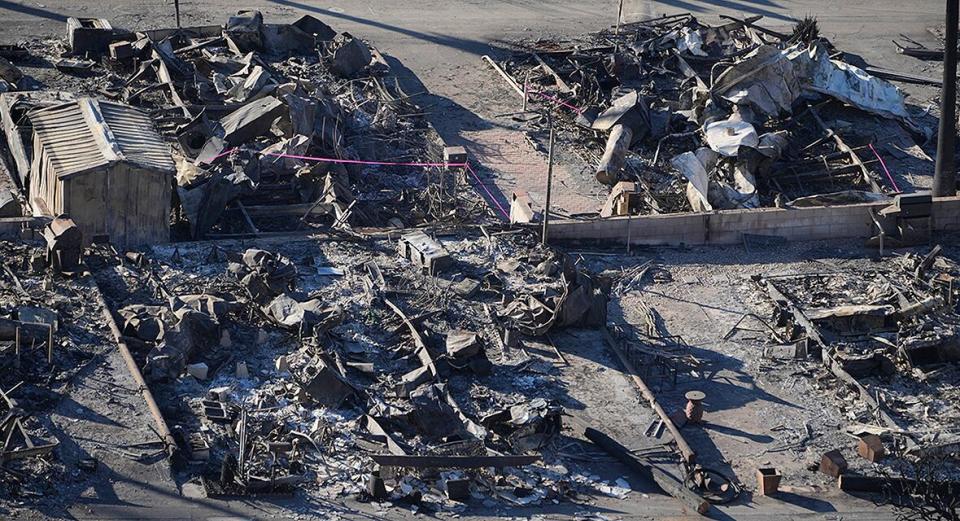 Officials said Thursday residents will have to wait at least another week to start inspecting what's left of their homes because of dangerous debris in burned areas. Pictured is the Pacific Palisades Bowl Mobile Estates destroyed by the Palisades in Los Angeles. 