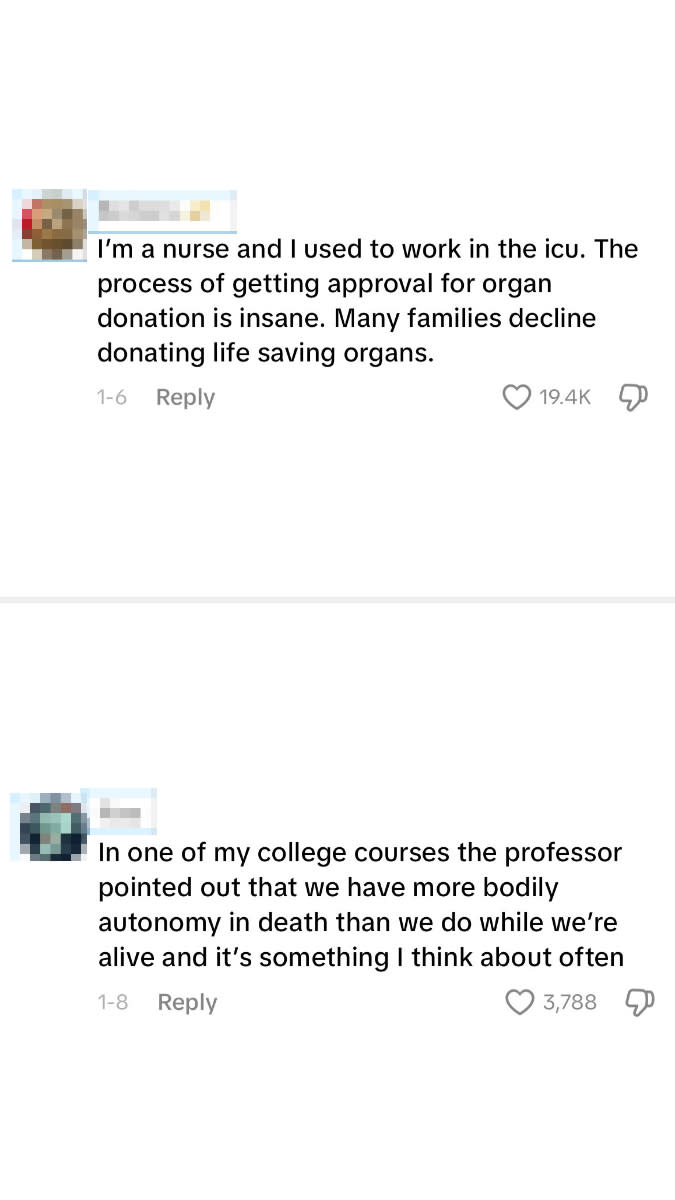 Two social media comments discussing organ donation challenges and bodily autonomy in death