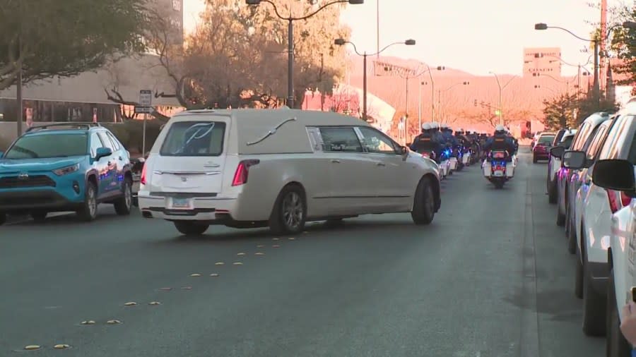 North Las Vegas police identified the officer killed in a deadly Tuesday shooting as Officer Jason Roscow, 46. A procession was held at 4 p.m. Wednesday, Feb. 5, 2025, from the Clark County Coroner’s Office to Palm Downtown Mortuary. KLAS