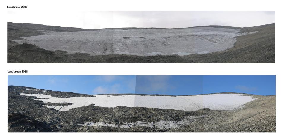 vast patch of ice on a mountainside in black and white photo above a later color photo of the same ice patch about one-third smaller