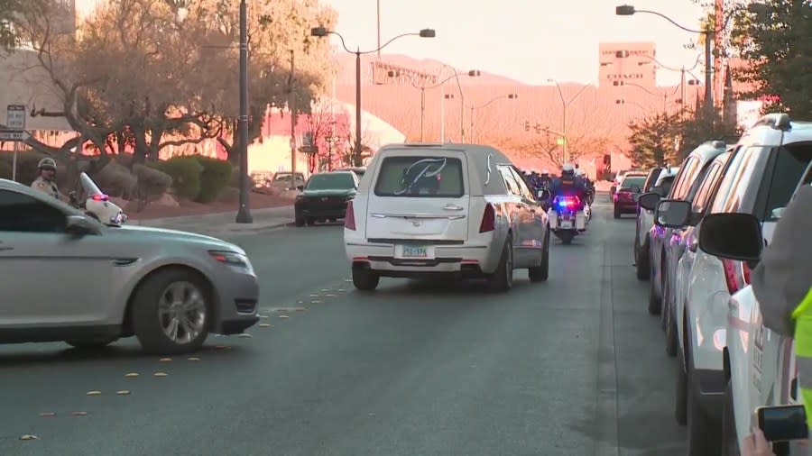 North Las Vegas police identified the officer killed in a deadly Tuesday shooting as Officer Jason Roscow, 46. A procession was held at 4 p.m. Wednesday, Feb. 5, 2025, from the Clark County Coroner’s Office to Palm Downtown Mortuary. KLAS