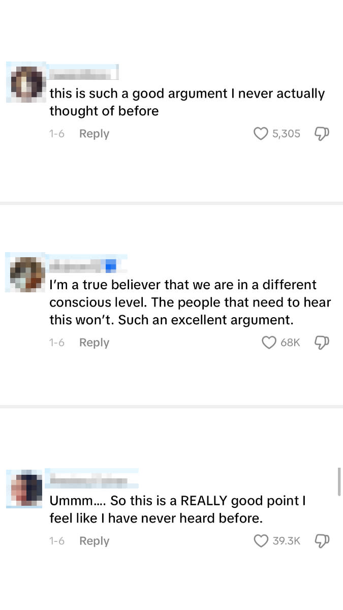 Three social media comments praise an argument for its originality and consciousness, with reactions counting 5.3k, 68k, and 39.3k