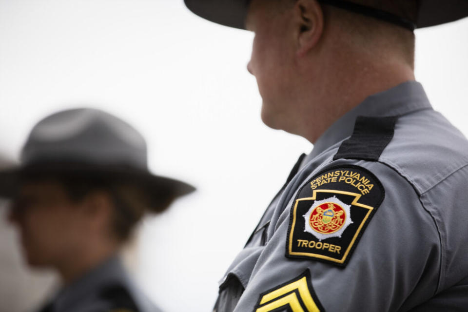  Pennsylvania State Police Troopers attend at event at the state capitol on Tuesday, May 24, 2022 in Harrisburg, Pa. (Photo by Amanda Berg for the Capital-Star).