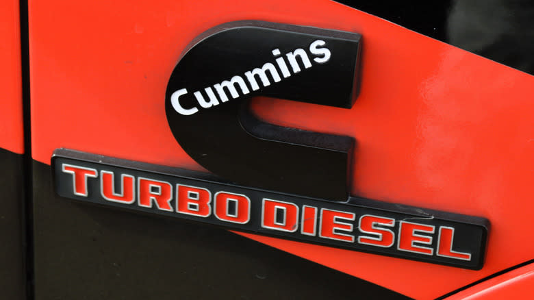 A Cummins turbo diesel logo on a vehicle