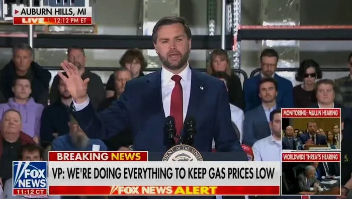 A person speaking at a podium during a news broadcast. Lower third reads: "VP: We're doing everything to keep gas prices low."