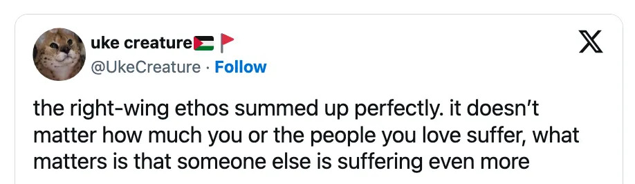 A tweet discussing right-wing ethos, suggesting that others' suffering is emphasized over personal suffering