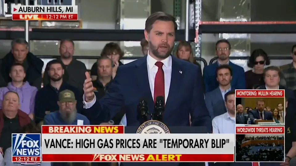 A man speaks at a podium with an audience behind him. News banners display quotes and Fox News logos