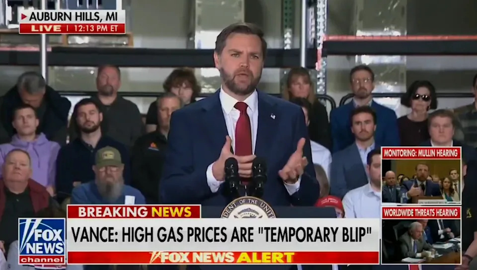 Man in suit speaks at podium with "Vance: High Gas Prices Are 'Temporary Blip'" headline below. Audience visible in background